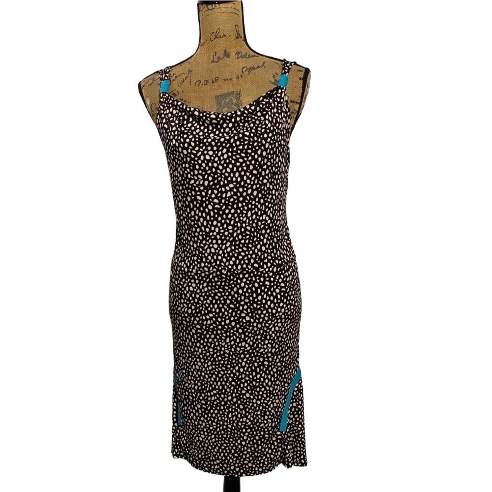 Donna Toran M Dress Midi Dark Brown Cream Dots Turquoise Trim Drape Neck Knit